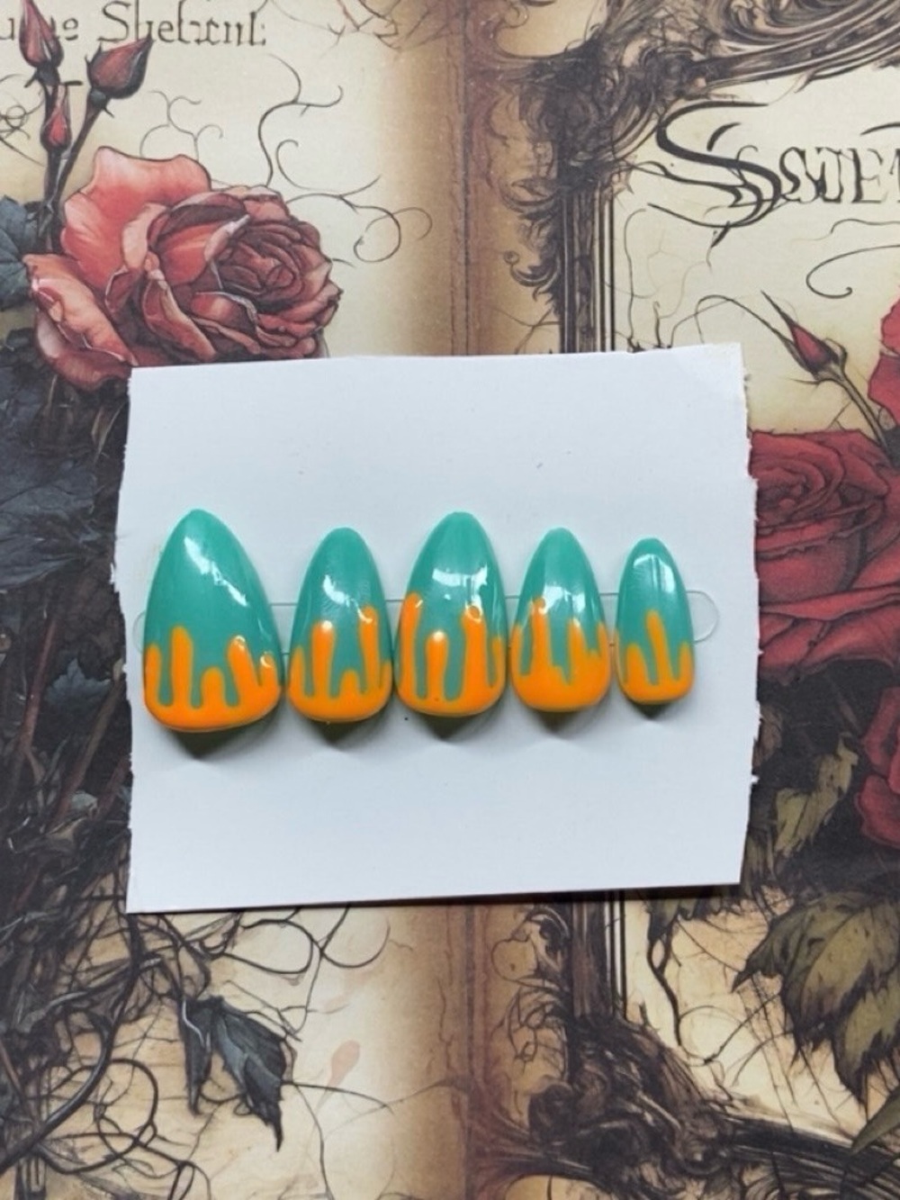 Teal & Orange Drip Press-On Nail Set